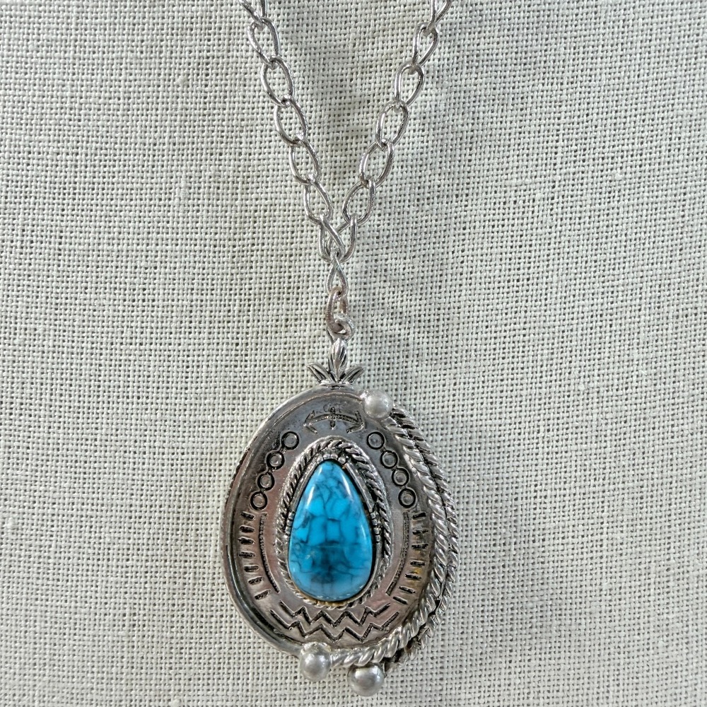 Vintage ART Arthur Pepper Necklace Blue Cabochon Pendant Southwestern 24"